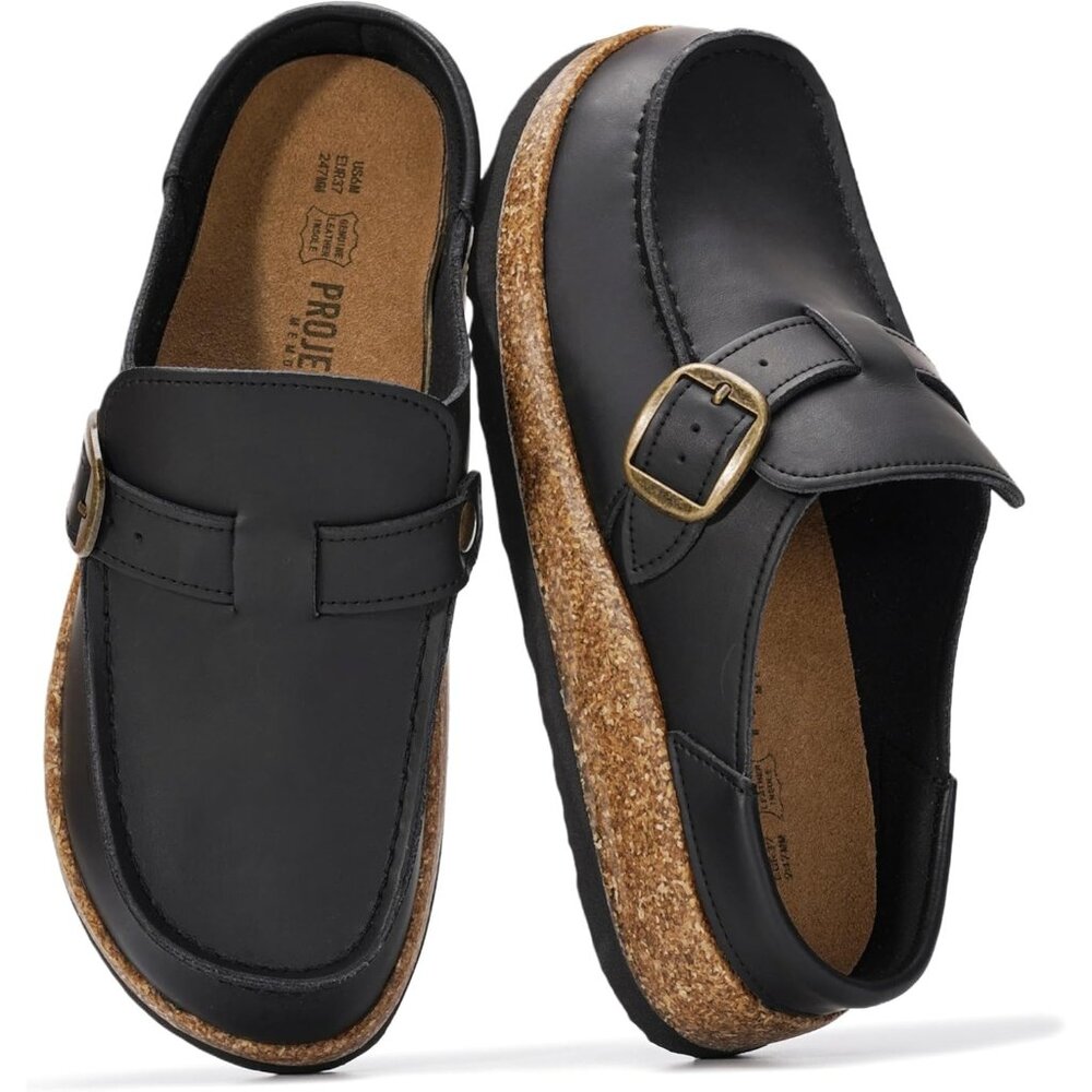 〽️Women's Moccasin-Style Clogs Mule Black Leather Closed Toe Slip-on Casual Shoe